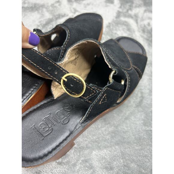 Anthropologie Latigo Iris Black Suede Sandal Platform Wood Chunky Heel Size 8.5 - Picture 5 of 7